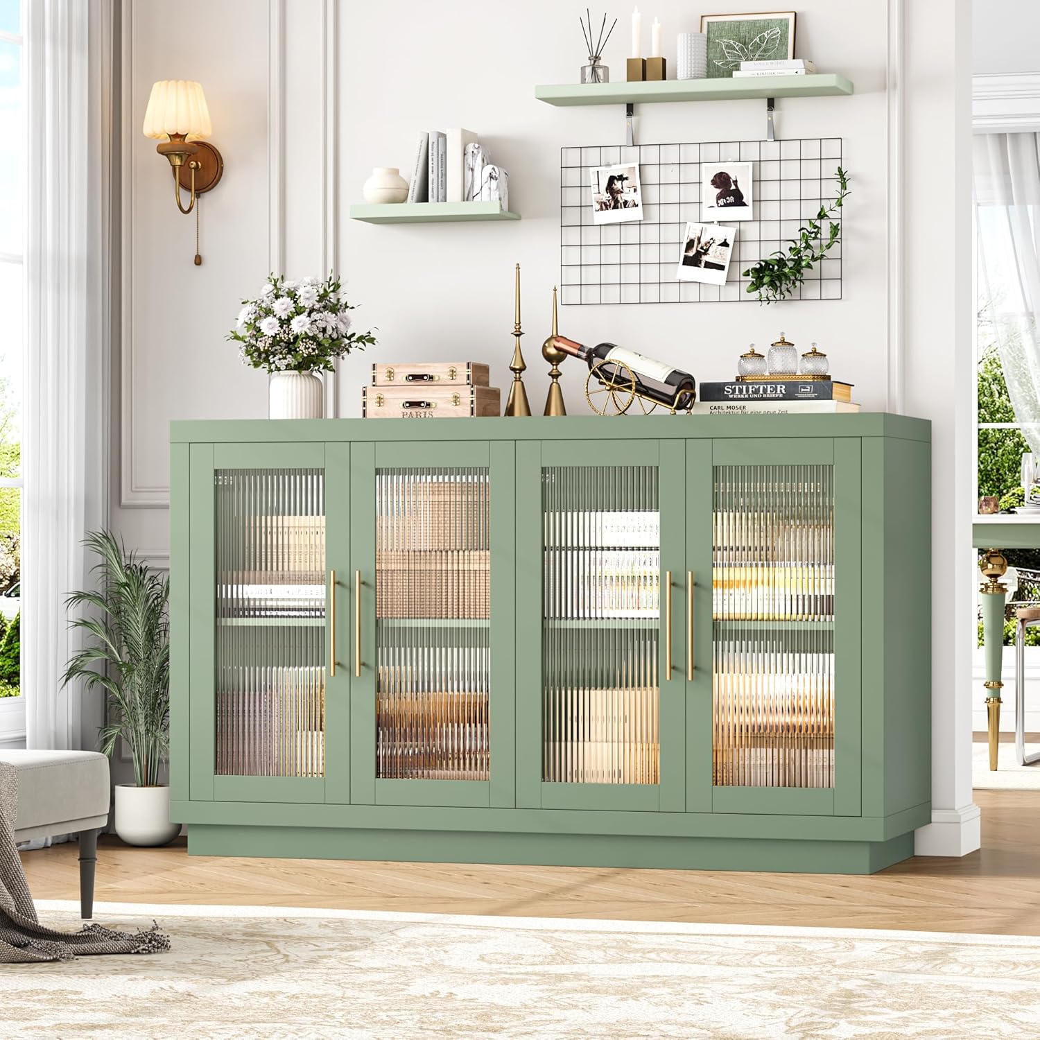 FOTOSOK Buffet Cabinet with Storage, 55.1" Large Sideboard Cabinets, Modern Sideboard Kitchen Cabinet with 4 Fluted Glass Doors, Wood Coffee Bar Buffet Table for Kitchen, Green