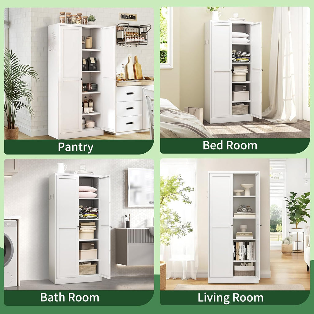 Kitchen Pantry Cabinet,White Metal Pantry Cabinet with 2 Doors & 4 Adjustable Shelves,61" Farmhouse Utility Storage Cabinet for Living Room,Garage,Basement