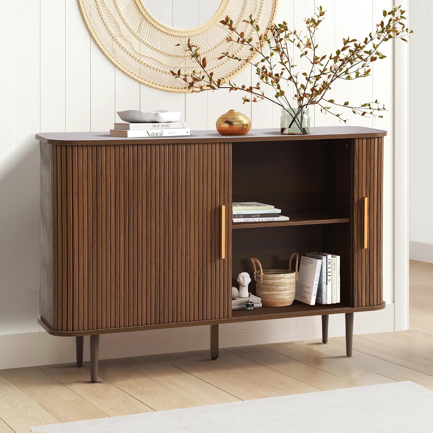 47" Fluted Buffet Cabinet with Tambour Sliding Doors, Modern Sideboard Buffer Cabinets with Storage & Adjustable Shelves, Mid Century Credenza Accent Cabinet for Living Room Entryway (Brown)