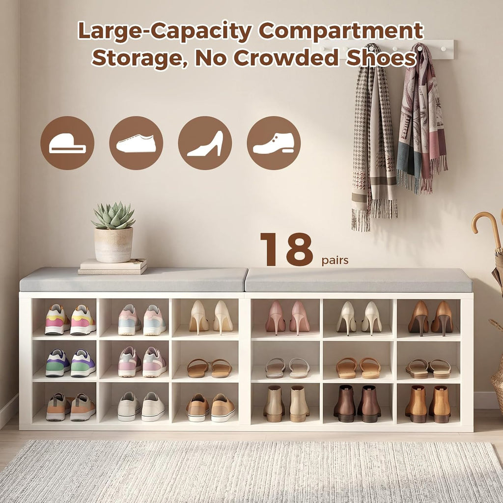 AMONIDA Shoe Storage Bench with Cushion, Entryway Bench with Shoe Storage,18 Cubby Shoe Bench with Removable Dividers, Shoe Organizer Bench for Entryway, Living Room, Light Grey (18, White)