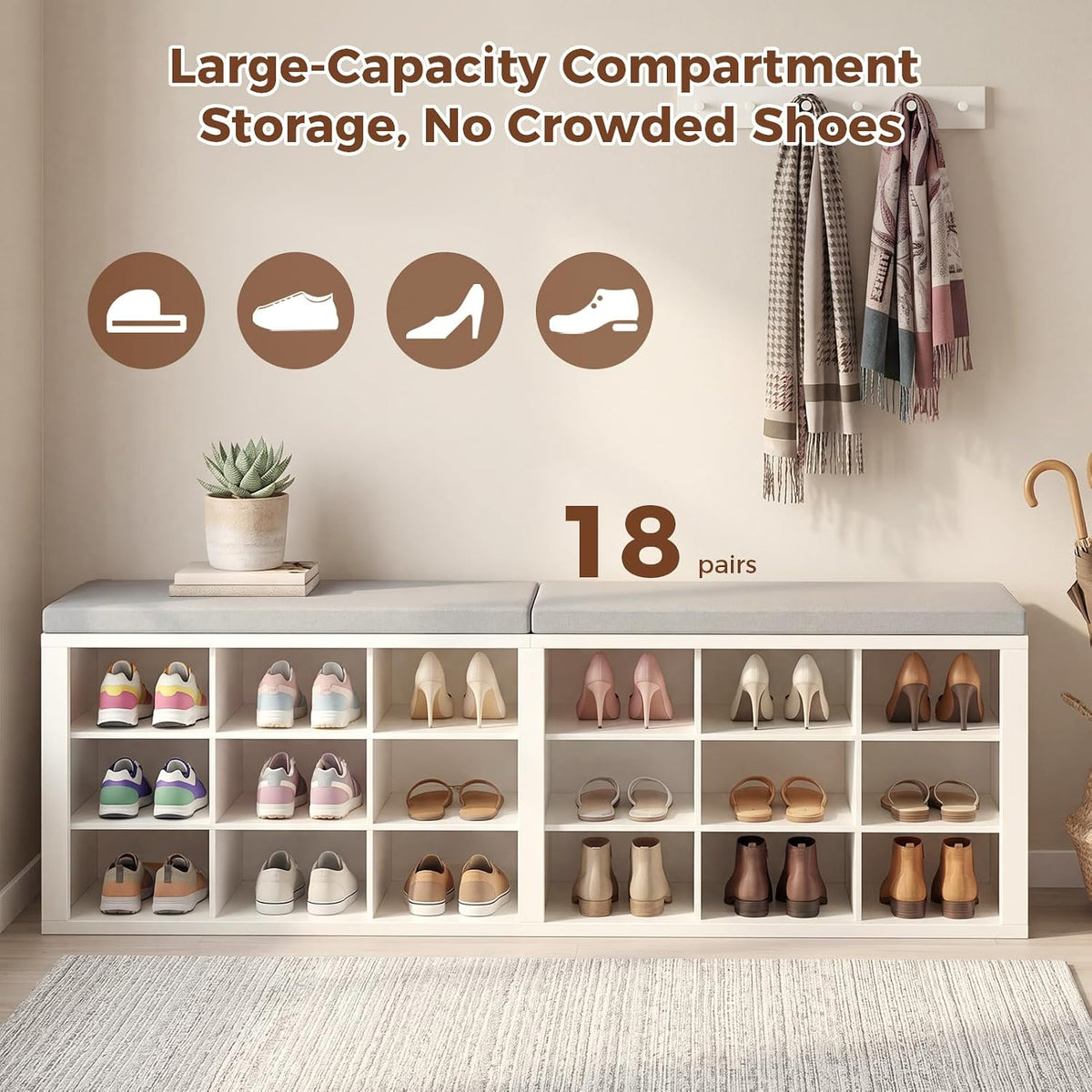 AMONIDA Shoe Storage Bench with Cushion, Entryway Bench with Shoe Storage,18 Cubby Shoe Bench with Removable Dividers, Shoe Organizer Bench for Entryway, Living Room, Light Grey (18, White)