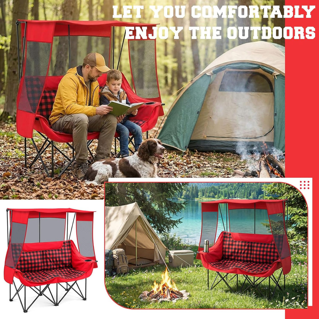 Teenyyou Double Camping Chair with Canopy - 2 Person Beach Chair with UV Sun Protection 660lbs Heavy Duty Foldable Loveseat with 2 Cup Holder & Storage Bag for Lawn Beach Outdoor Sport(Red Plaid)