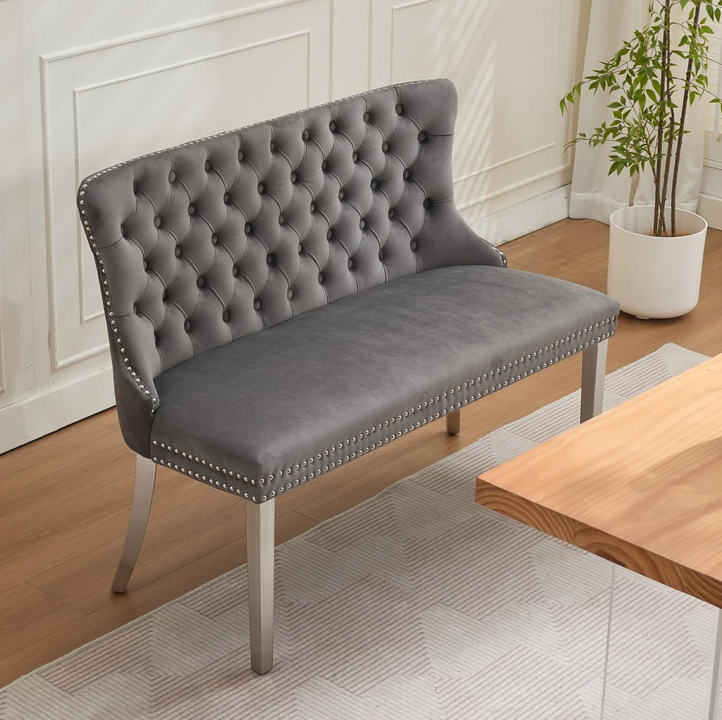 Henf Modern Tufted Velvet Dining Bench with Wing Back, 2-Seat, Nailhead Trim, Sturdy Stainless Steel Legs, Entryway Bench Small Upholstered Loveseat Sofa, 45.6''W x 22.7''D x 35.2''H (Gray&Silver)