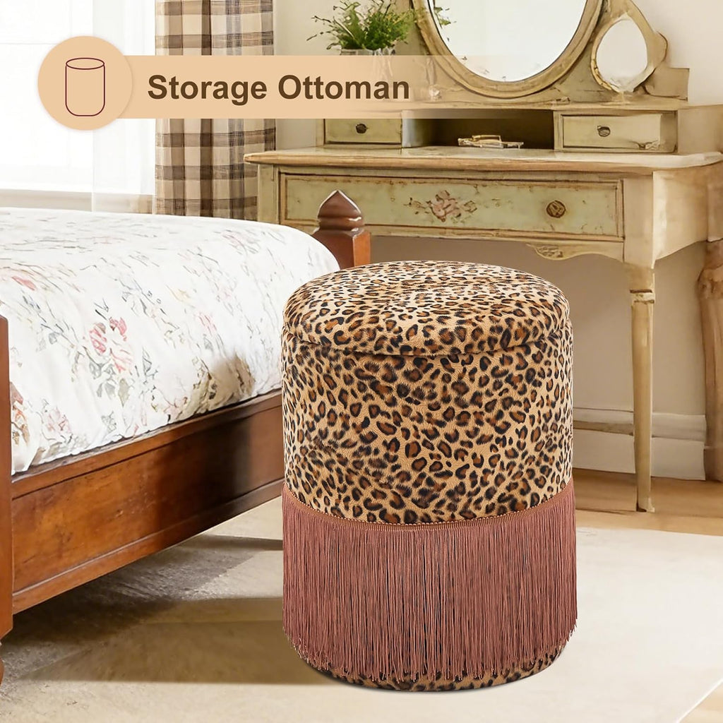 Round Leopard Print Fringe Ottoman with Storage, Farmhouse Tassel Velvet Footrest Stool, Flip Top Vanity Ottoman Chair for Living Room Bedroom