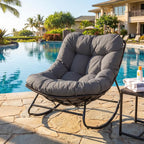 Tangkula Outdoor Papasan Rocking Chair, Oversized Egg-Shaped Rocker with Thick Cushioned Seat, Heavy Duty Metal & Weather-Resistant Wicker Frame, Non-Slip Pads for Patio, Balcony, Garden (Gray)