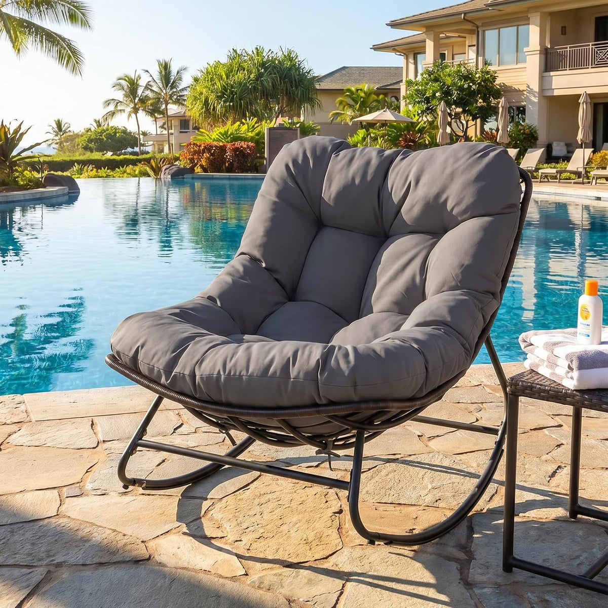 Tangkula Outdoor Papasan Rocking Chair, Oversized Egg-Shaped Rocker with Thick Cushioned Seat, Heavy Duty Metal & Weather-Resistant Wicker Frame, Non-Slip Pads for Patio, Balcony, Garden (Gray)