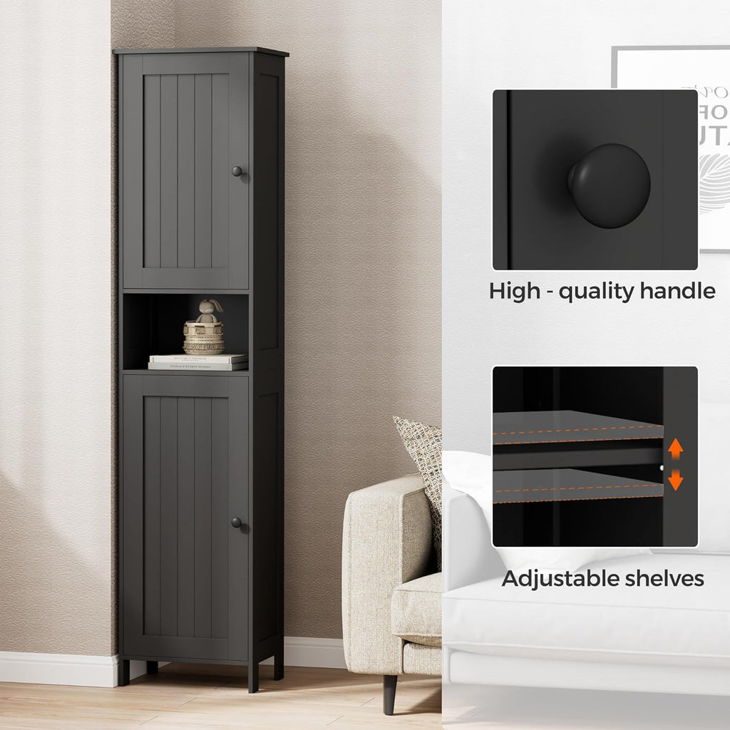 Homleke Tall Bathroom Storage Cabinet with 2 Doors, 67"H Narrow Storage Cabinet with Adjustable Shelves& Anti-Tip Design, Reversible Door Installation, Easy Assembly, 11.8 x 15.7 x 66.9 Inches, Black