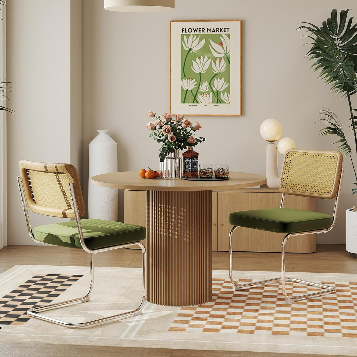 Rattan Back Velvet Dining Chair Set of 6 Modern Stainless Chrome Base Armless Upholstered Side Chair for Dining Room, Kitchen Island, Olive Green