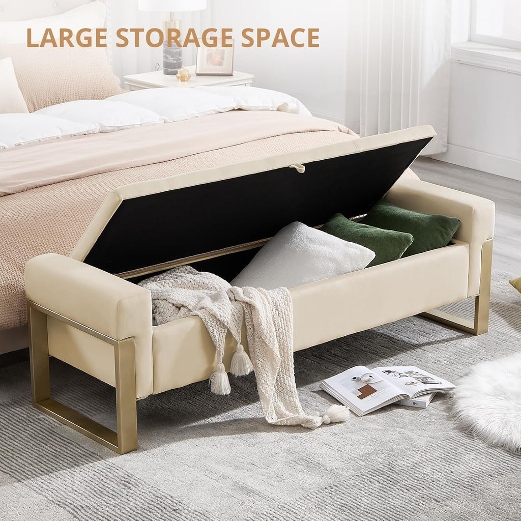 End of Bed Storage Bench, 67'' Bench for Bedroom Foot of Bed King Size, Modern Velvet Storage Ottoman Benches with Gold Legs for Windows Living Room, Beige