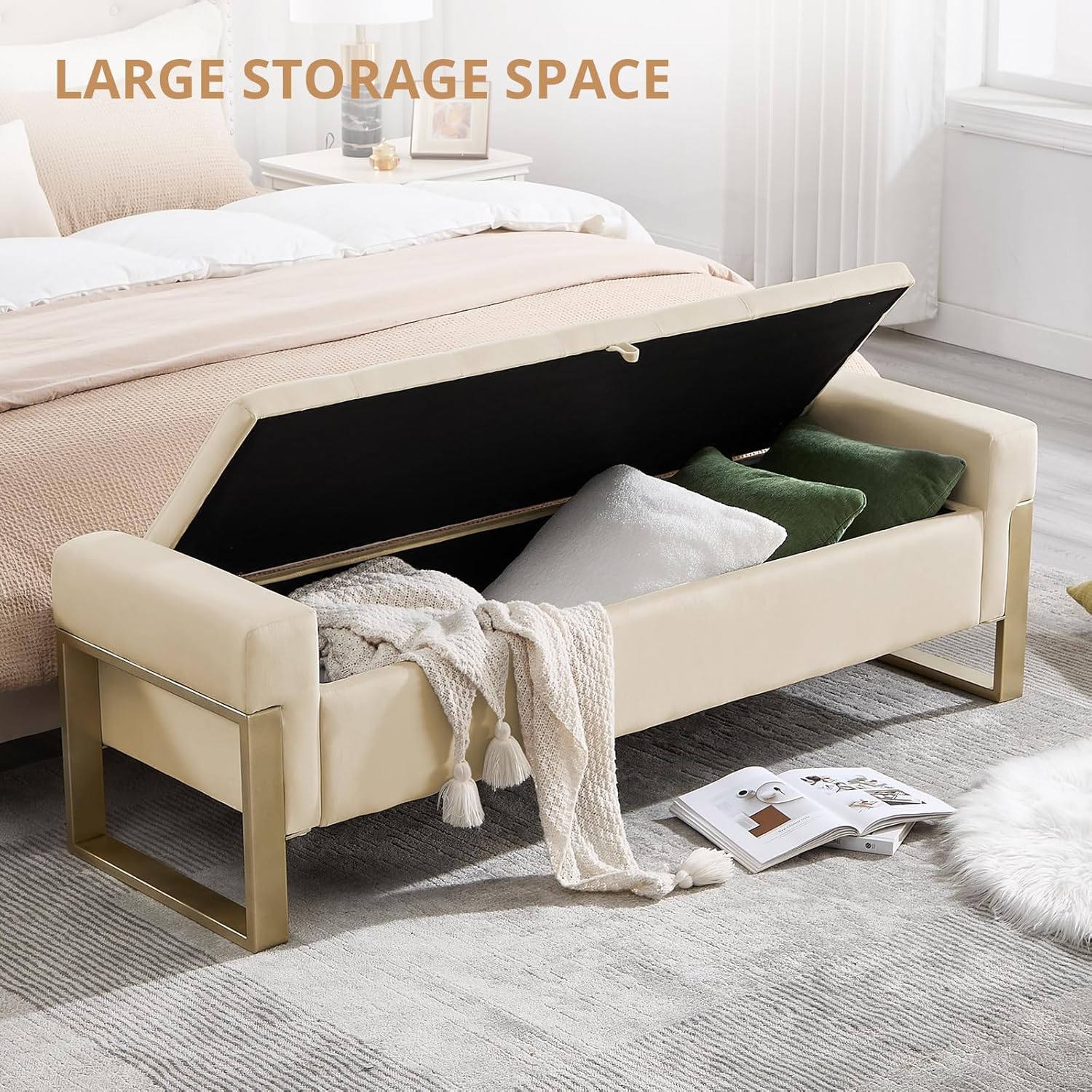 End of Bed Storage Bench, 67'' Bench for Bedroom Foot of Bed King Size, Modern Velvet Storage Ottoman Benches with Gold Legs for Windows Living Room, Beige