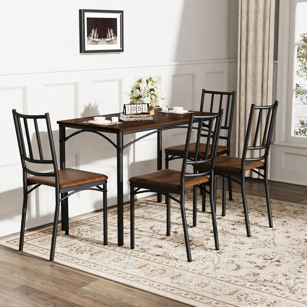 Dining Table Set for 4, Industrial Kitchen Table Set with 4 Upholstered Chairs, Metal Table and Chairs Set for Kitchen, Dining Room, Living Room, Walnut