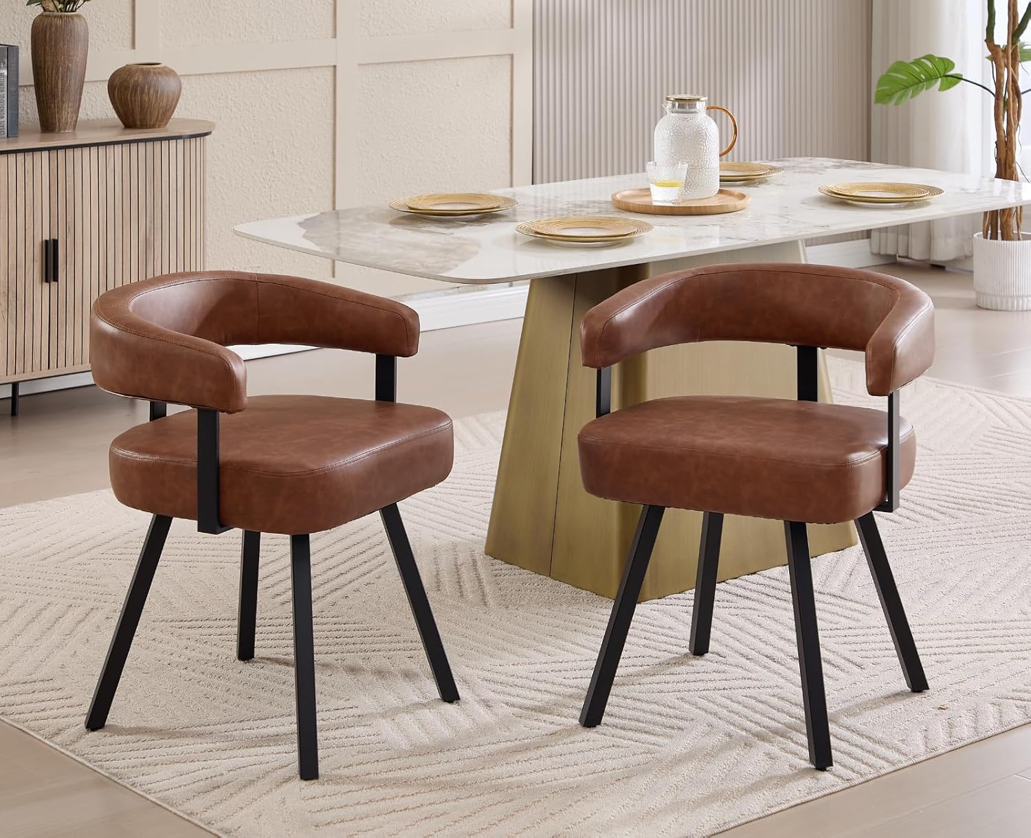 Shunzhi Brown Upholstered Leather Dining Chairs Set of 4 Modern Barrel Dining Room Chairs Comfy Kitchen Chairs Armless PU Side Chair with Curved Back for Living Room/Restaurant
