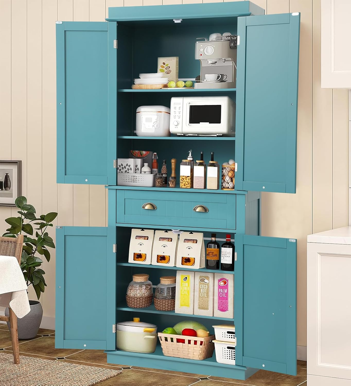 KIGOTY 72" Tall Kitchen Pantry Cabinet with Drawer and 4 Adjustable Shelves, Freestanding Pantry Storage Cabinets, Wood Cupboard Pantry Cabinet for Kitchen, Dining Room, Living Room, Turquoise
