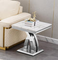 1 Piece Living Room End Table Luxury Faux Marble Sofa Side Table, Modern White Silver End Table with X-Shape Stainless Steel Pedestal Base