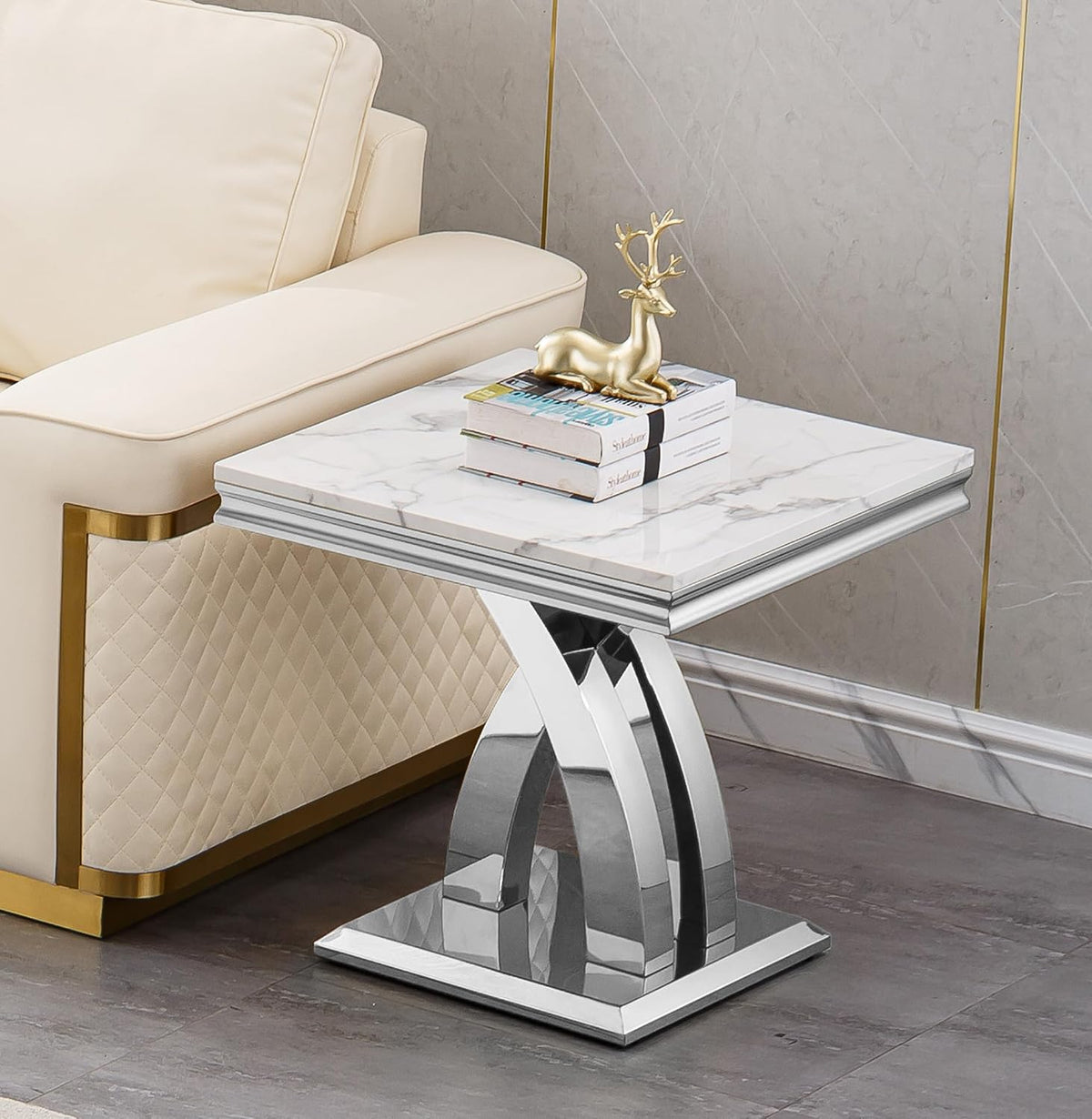 1 Piece Living Room End Table Luxury Faux Marble Sofa Side Table, Modern White Silver End Table with X-Shape Stainless Steel Pedestal Base