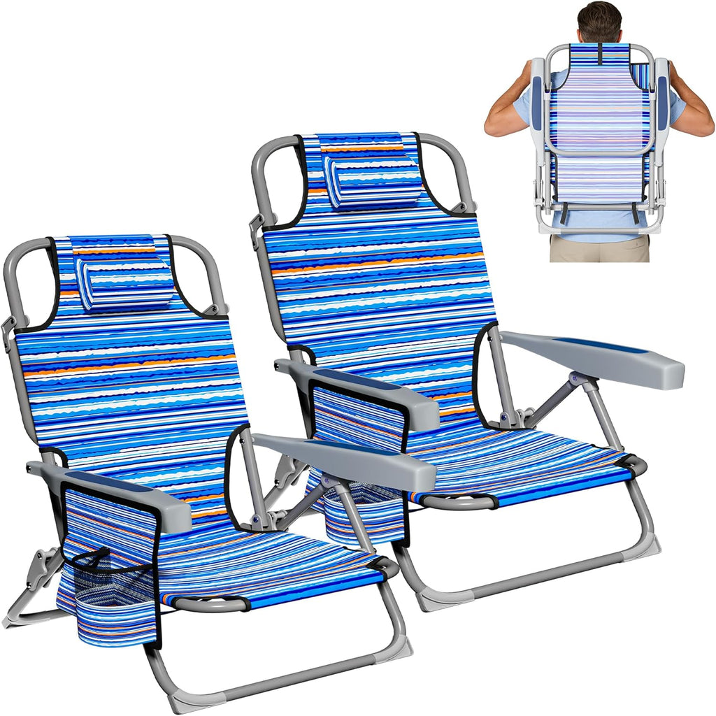 DIAMONDFORGE 2 Pack Lightweight Portable Beach Chair for Adults, 350 LBS Capacity Backpack Beach Chair, Reclining Beach Chair with 5-Position Lay Flat, Large Cup Holder for Beach Camping Sports
