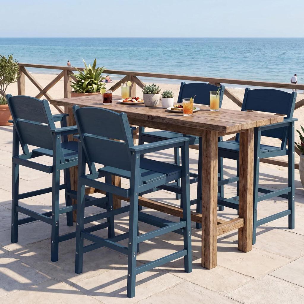 6 Pack Outdoor Bar Stools, HDPE Patio Bar Chairs with Armrests & Footrest, Weather Resistant All-Weather Counter Height Chairs for Outdoor Deck, Backyard, Poolside,Blue