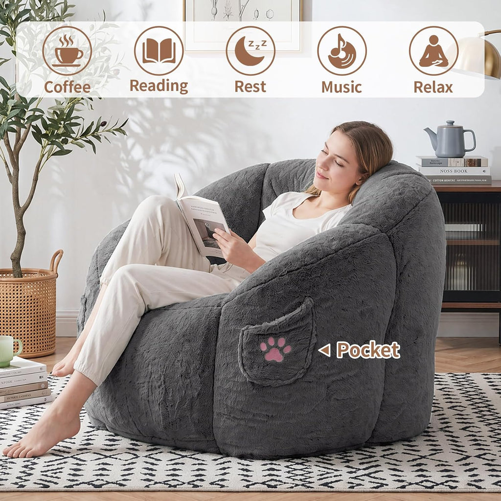 Vipbear Cat Paw Bean Bag Chair, Oversized Air-Cushion Sofa Chair Dark Gray | 39", air-cushion filling, cat paw Pocket, carry handle, oversized firm support, ergonomic, plush faux fur, gaming, reading