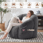 Vipbear Cat Paw Bean Bag Chair, Oversized Air-Cushion Sofa Chair Dark Gray | 39", air-cushion filling, cat paw Pocket, carry handle, oversized firm support, ergonomic, plush faux fur, gaming, reading