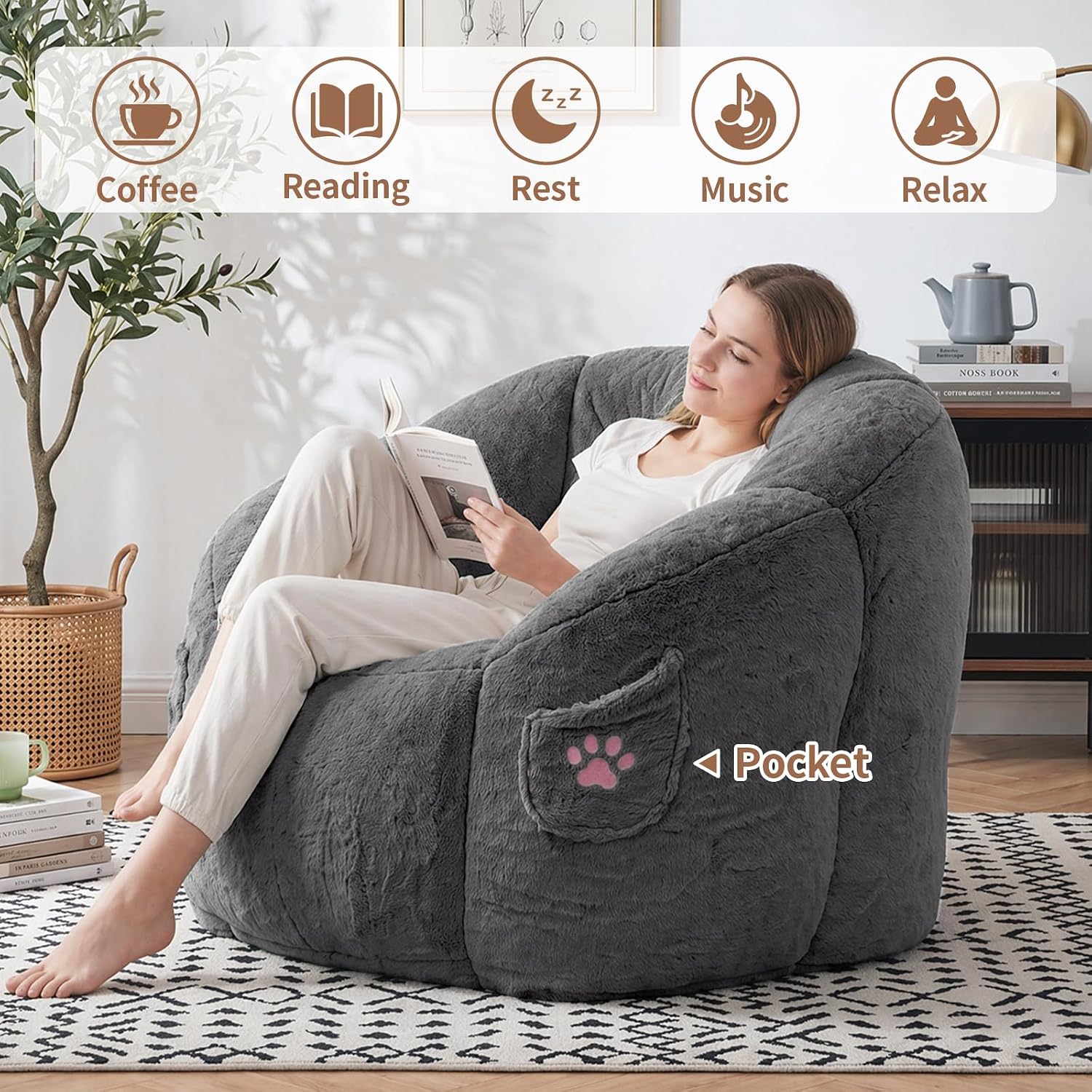 Vipbear Cat Paw Bean Bag Chair, Oversized Air-Cushion Sofa Chair Dark Gray | 39", air-cushion filling, cat paw Pocket, carry handle, oversized firm support, ergonomic, plush faux fur, gaming, reading