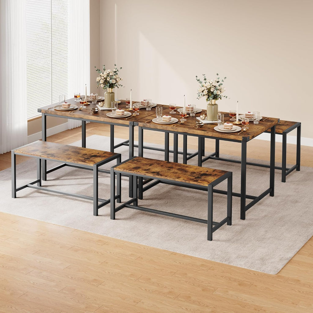 GAOMON Dining Table Set for 4, Wooden Kitchen Table with 2 Benches, 3 Piece Rectangular Dining Room Set, Space Saving Kitchen Tables Sets for Apartment, Small Space, Home, Rustic Brown