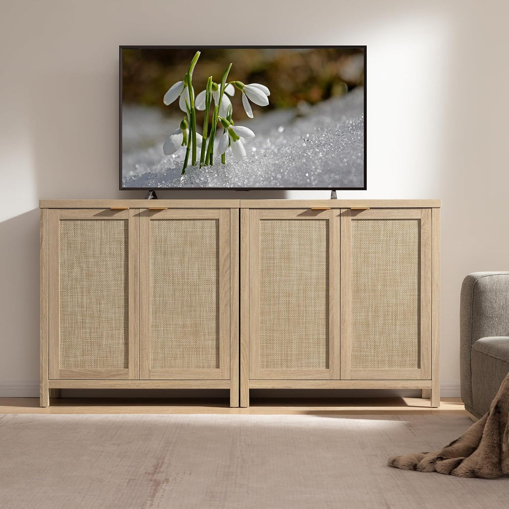 SICOTAS Rattan Sideboard Buffet Cabinet with Large Storage : Boho Credenza Coffee Bar Cabinet with Adjustable Shelves, Farmhouse Console Table for Kitchen, Living Room, Entryway, Natural, 2 Pieces