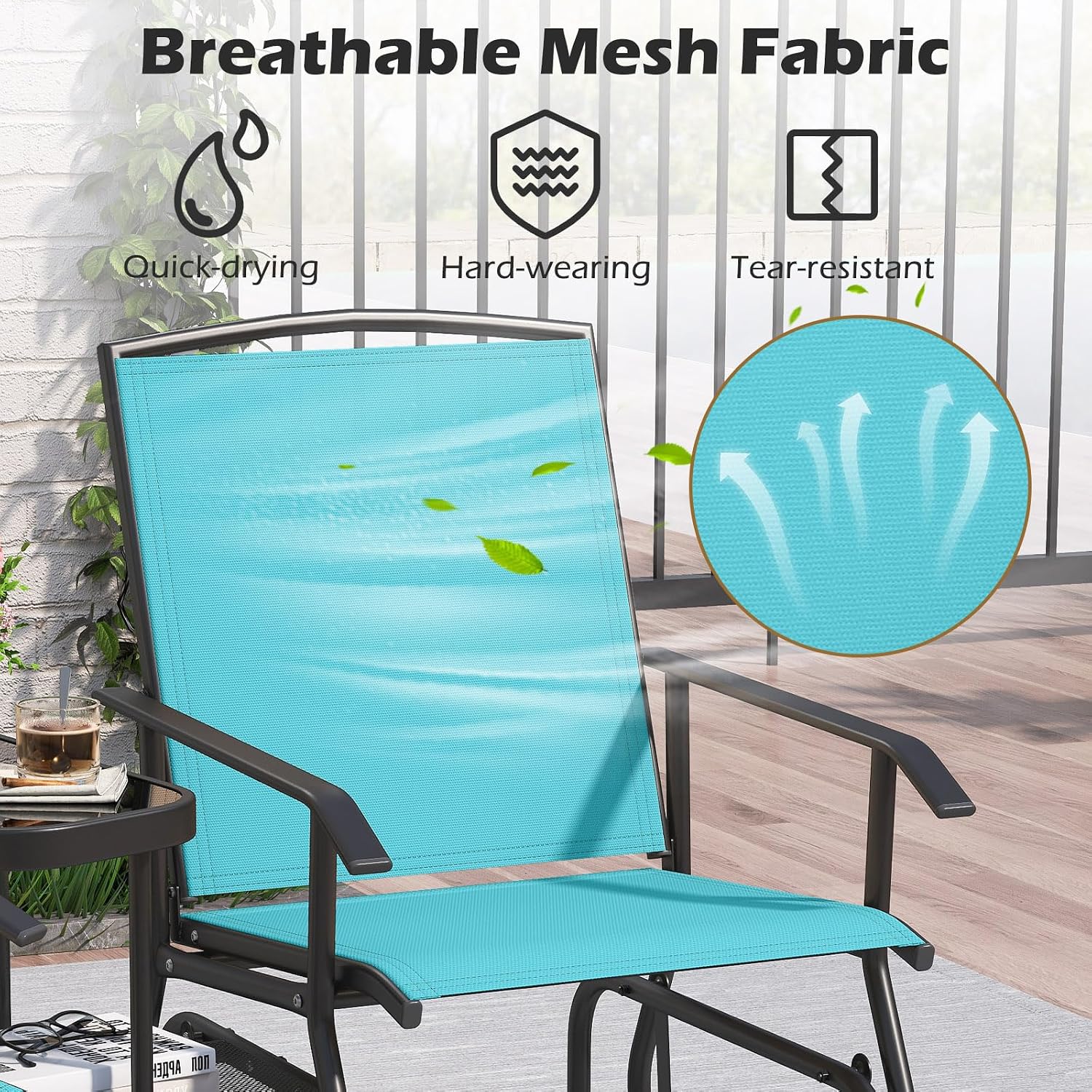 Tangkula 2-Seater Outdoor Glider Bench with 2-Tier Center Table (Turquoise) | Breathable Mesh Fabric Seat & Back, Footrest, Storage Shelf, Heavy-duty Metal Frame for Garden, Porch, Backyard