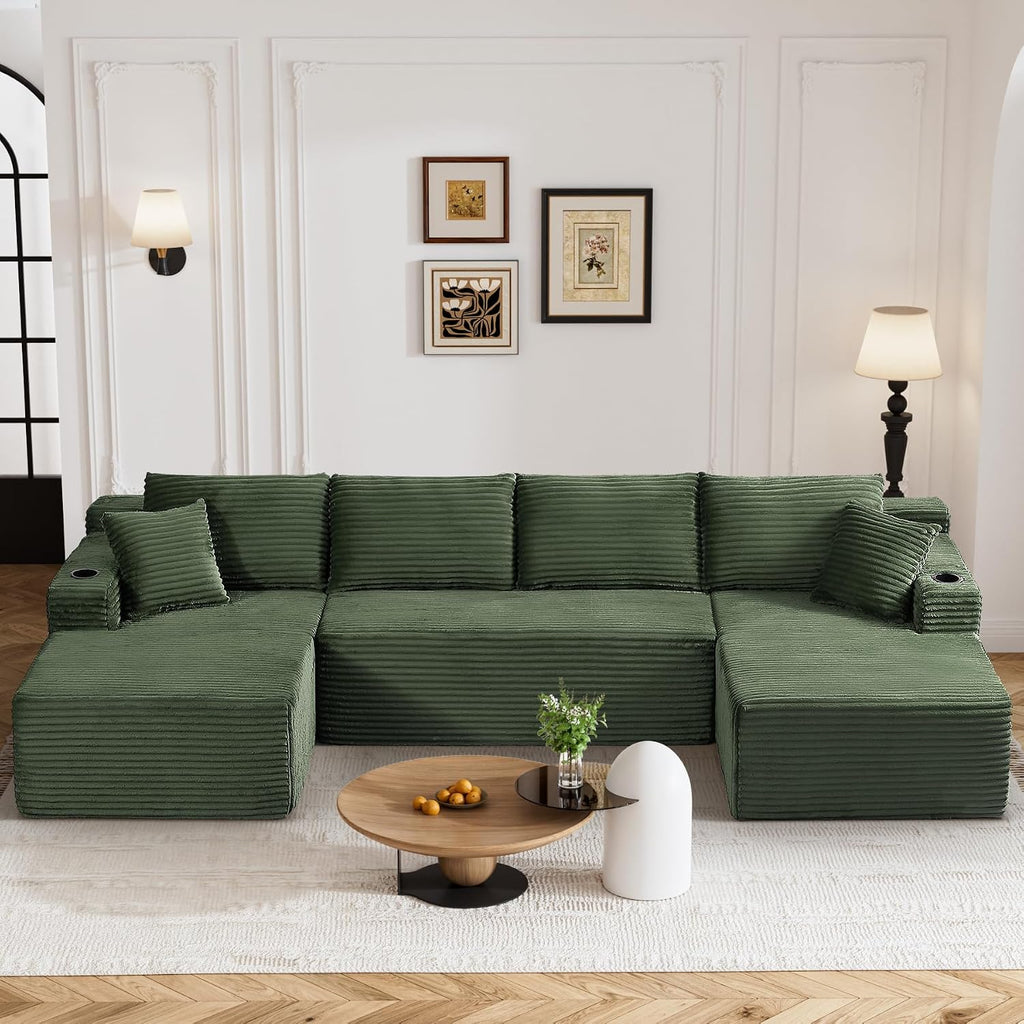 133" U-Shaped Modular Sectional Sofa, Corduroy Couch, Green | Cloud Luxury Comfort, Couches for Living Room, Storage & Cupholder, Oversized Sofa, Deep Seat, No Assembly Required