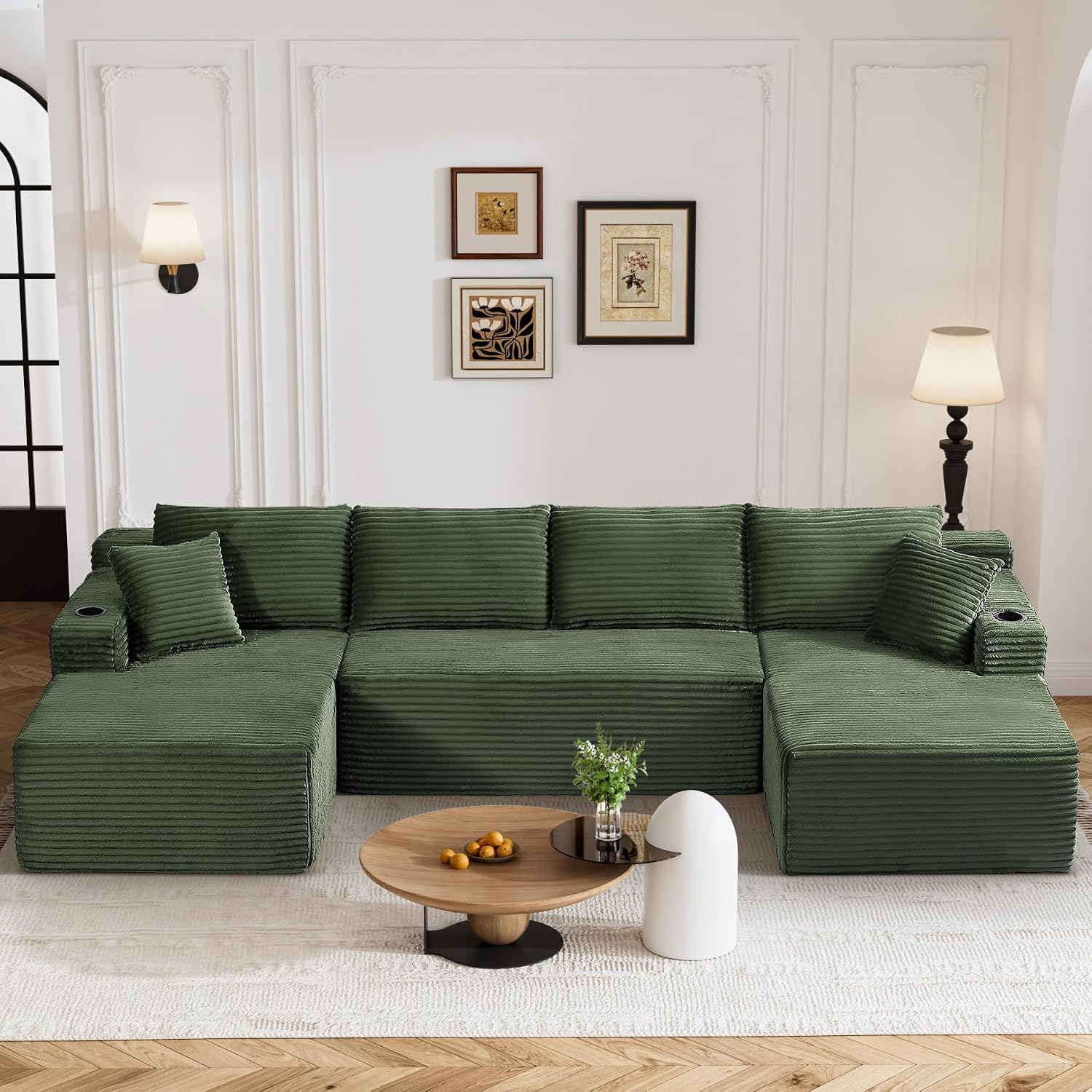 133" U-Shaped Modular Sectional Sofa, Corduroy Couch, Green | Cloud Luxury Comfort, Couches for Living Room, Storage & Cupholder, Oversized Sofa, Deep Seat, No Assembly Required