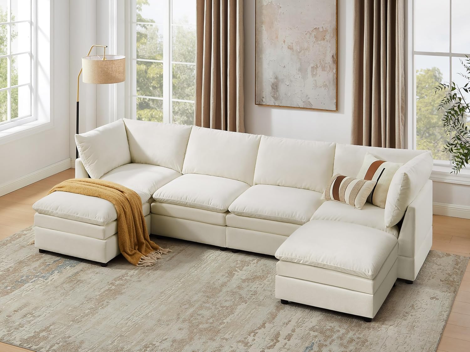VANOMi U Shape Modular Sectional Sofa Couch for Living Room, Oversized Modern Sleeper Cloud Couch with Deep Seat Double-Layer Thick Cushion Ottoman, Convertible Upholstered Sofa Set, Ivory White