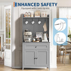 GarveeHome 63'' Pantry Cabinet with 4 Hooks, Kitchen Storage Cabinet with Charging Station, Coffee Bar Table for Living Room, Dining Room, 1 Large Drawer, Adjustable Shelves, Grey