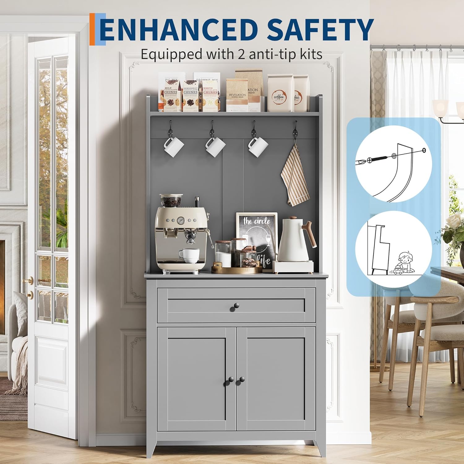 GarveeHome 63'' Pantry Cabinet with 4 Hooks, Kitchen Storage Cabinet with Charging Station, Coffee Bar Table for Living Room, Dining Room, 1 Large Drawer, Adjustable Shelves, Grey
