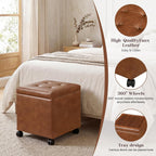 15 inch Square Storage Ottoman with Wheels and Tray Lid, Faux Leather Tufted Storage Cube Coffee Table, Movable Ottoman with Hidden Storage for Living Room, Bedroom
