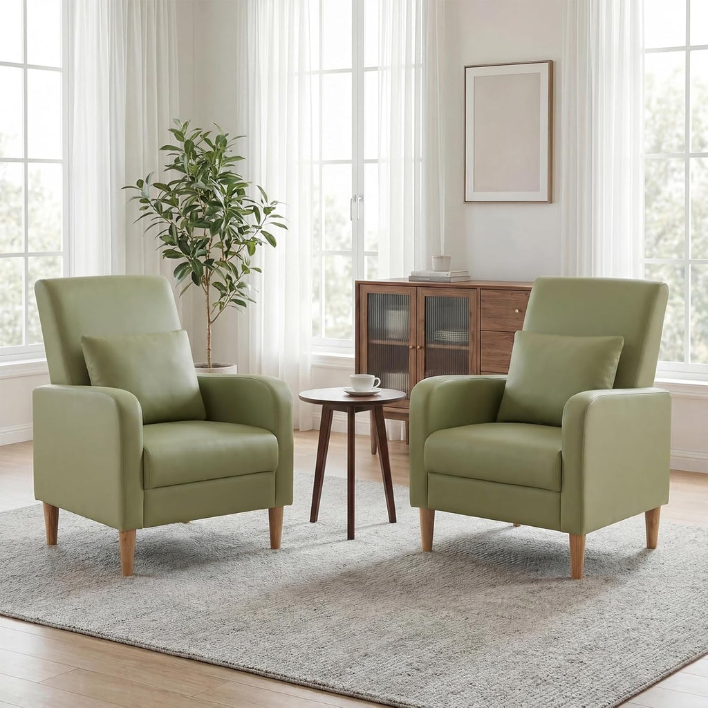 COLAMY Accent Chairs Set of 2, Faux Leather Living Room Chairs with Back Pillow & Solid Wood Legs, Mid-Century Modern Chairs, Comfy Upholstered Armchair for Living Room, Bedroom, Light Green