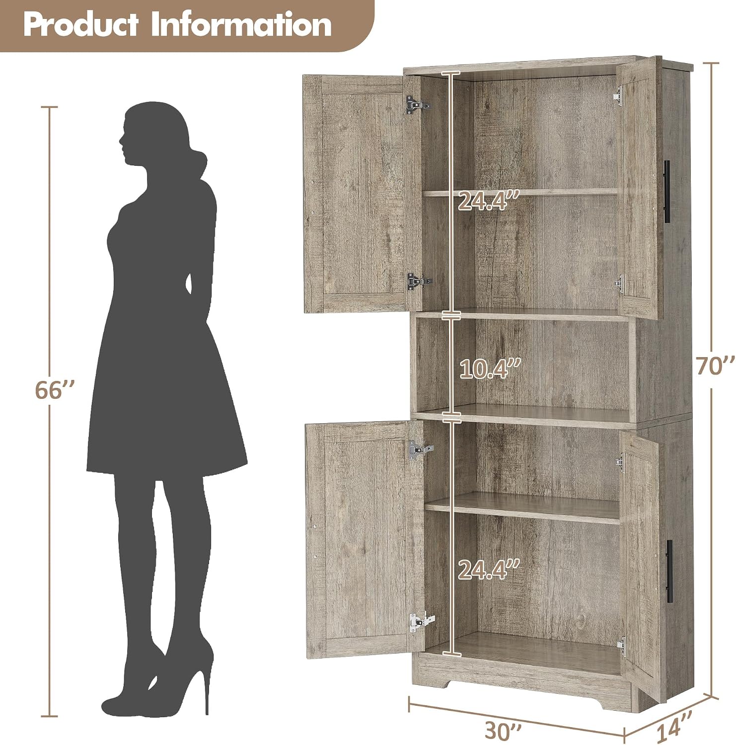 GarveeHome Tall Storage Cabinet, 70 in Kitchen Pantry Cabinet with Doors and Adjustable Shelves, Rustic Wooden Cupboard for Dining Room, Living Room,Gray