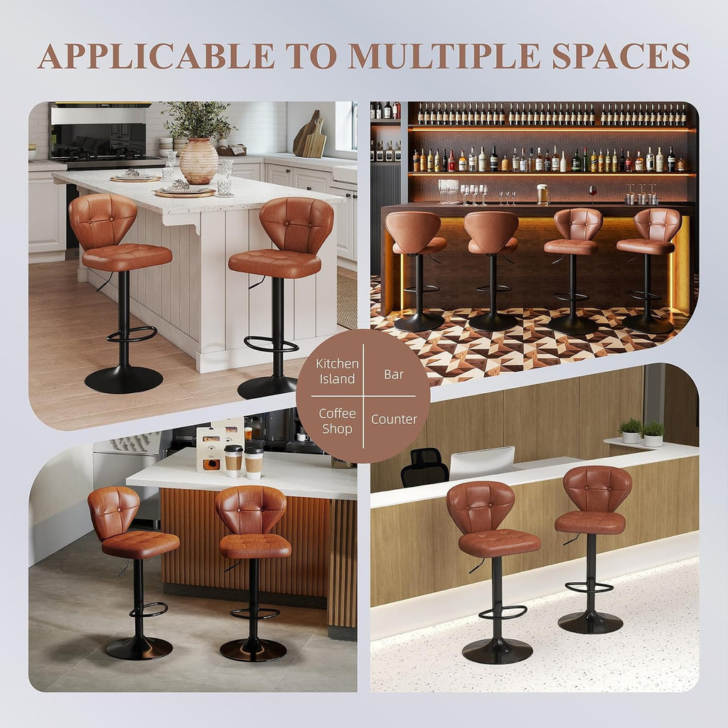 Bar Stools Set of 3 - Swivel Counter Height Barstools (Height Adjustable) | Modern Faux Leather Barstool/Chairs with High Backrest, 16.14" Large Base, Suitable for Kitchen Island, Dining Room (Brown)