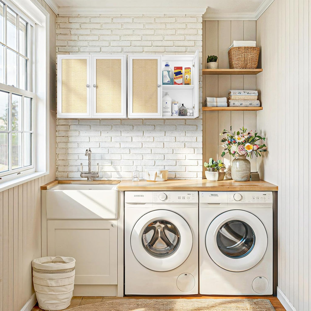 Laundry Room Cabinets with Lights, 24INCH Bathroom Cabinets Wall Mounted with Adjustable Shelves, Rattan Wall Cabinet for Bedroom, Kitchen, Bathroom (2PCS, White)