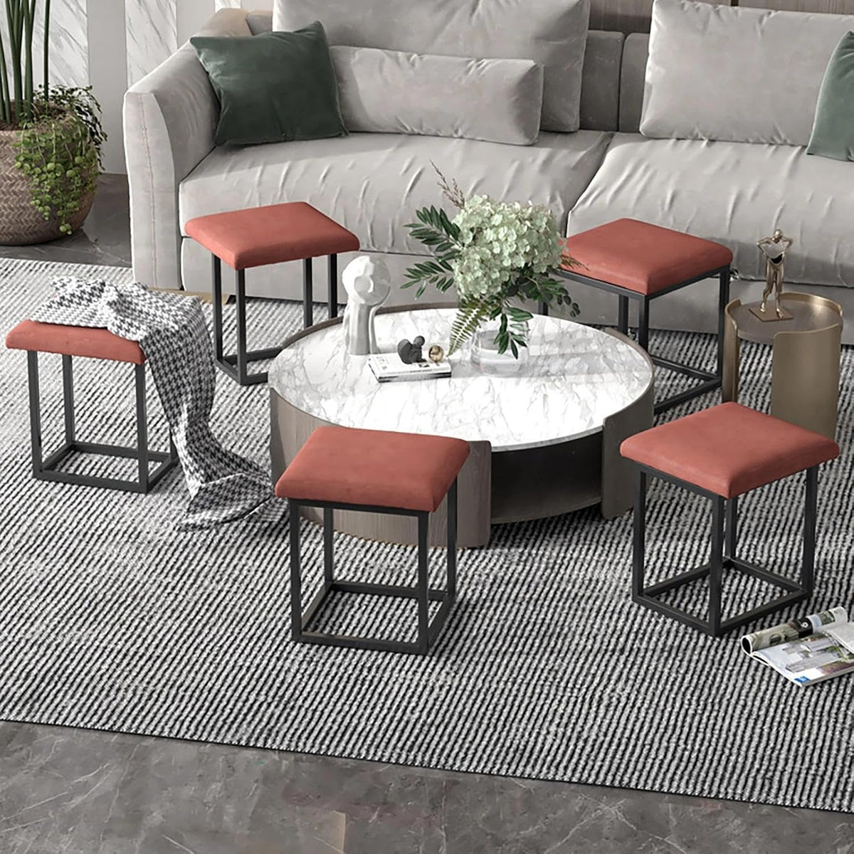 Square Multi-Functional Footstool with Wheels, 5-in-1 Entryway Storage Stool, Easily Disassembled and Assembled, Suitable for Living Room and Bedroom.(Orange-red)