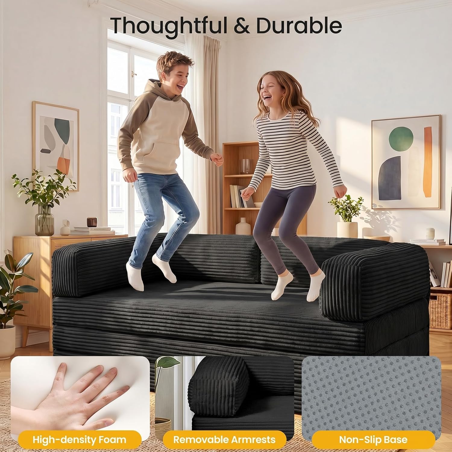 Erament Convertible Sofa Bed, Tri-Folding Mattress Queen Futon Couch Bed, Sleeper Couch Bed with Removable Armrests & Washable Cover for Guest Room, Living Room, Queen, Black