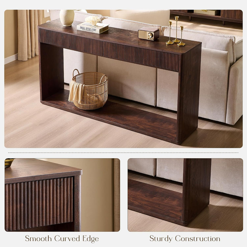 OKD 63" Fluted Console Table for Entryway with 2 Large Drawers, Dark Walnut | Modern Entryway Table, Long Sofa Table Behind Couch for Living Room, Hallway, Couch, Foyer, Versatile Storage