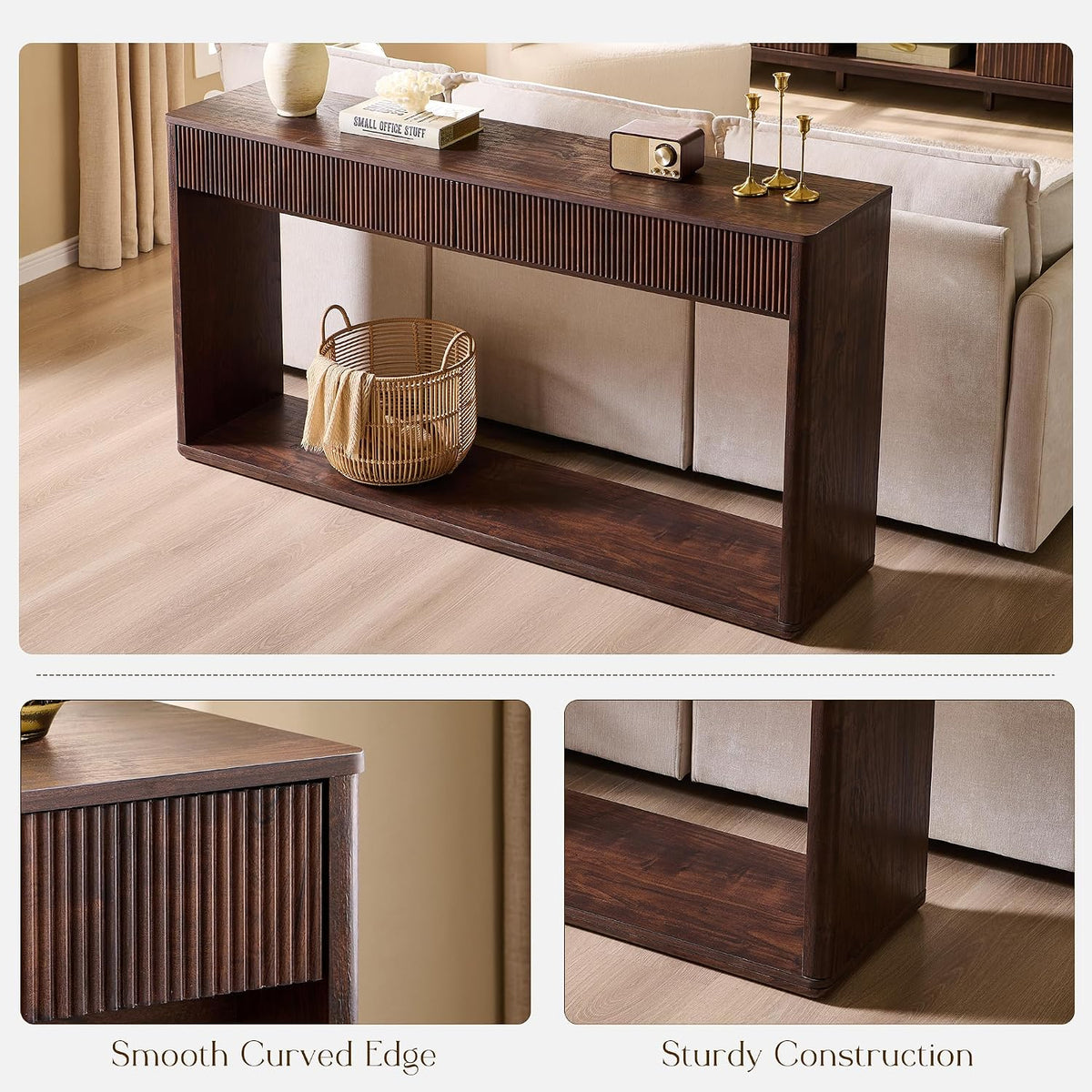 OKD 63" Fluted Console Table for Entryway with 2 Large Drawers, Dark Walnut | Modern Entryway Table, Long Sofa Table Behind Couch for Living Room, Hallway, Couch, Foyer, Versatile Storage