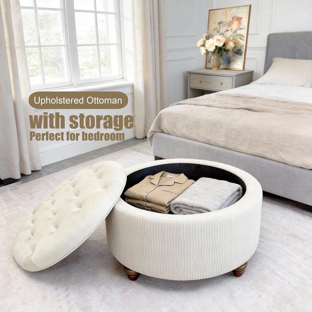 modscape 30 inch Round Storage Ottoman Coffee Table with Lift Off Lid | Modern upholstered ottoman perfect for coffee table, footrest,extra seat. Large hidden storage for living room, bedroom