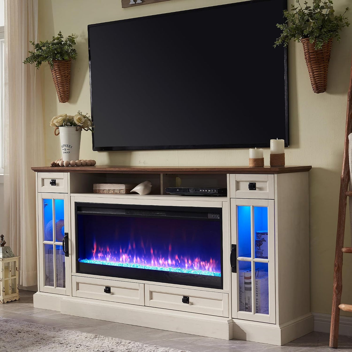 OKD 70" Farmhouse Fireplace TV Stand for 80 Inch TV, Antique White | 42" Crystal Fireplace, LED Lights, Storage Drawers, Glass Cabinets, Adjustable Shelves, Modern Highboy, for Living Room