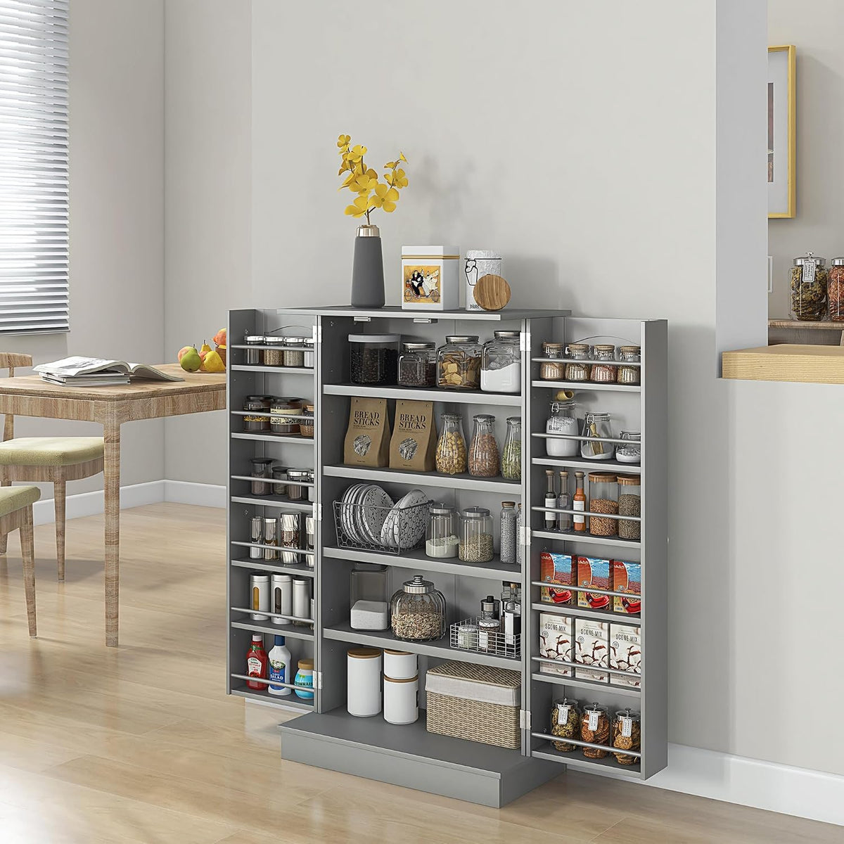 41" Paper Gray Kitchen Pantry Cabinet Freestanding Vertical Cupboard with Double Doors 5-Tier Interior Shelves & 12 Door Racks Adjustable Storage