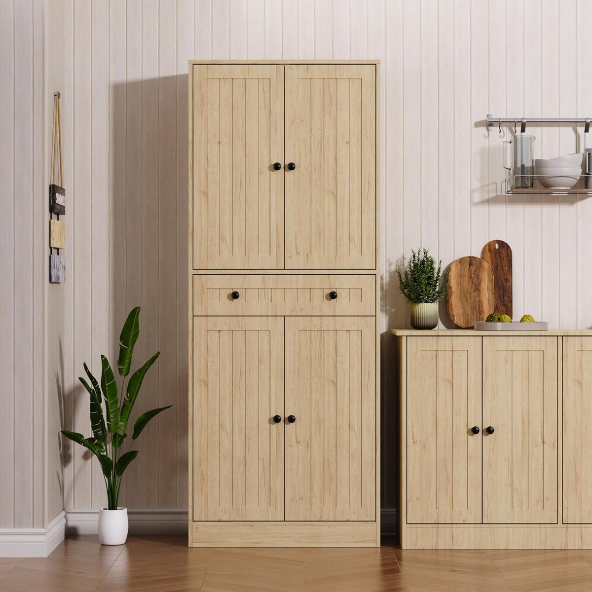 Furnify Kitchen Pantry Storage Cabinet, 71" H Farmhouse Pantry Cabinet with 4 Doors & Drawer, Freestanding Cupboard with Adjustable Shelves, Rustic Wood Cupboard for Kitchen, Dining Room, Natural