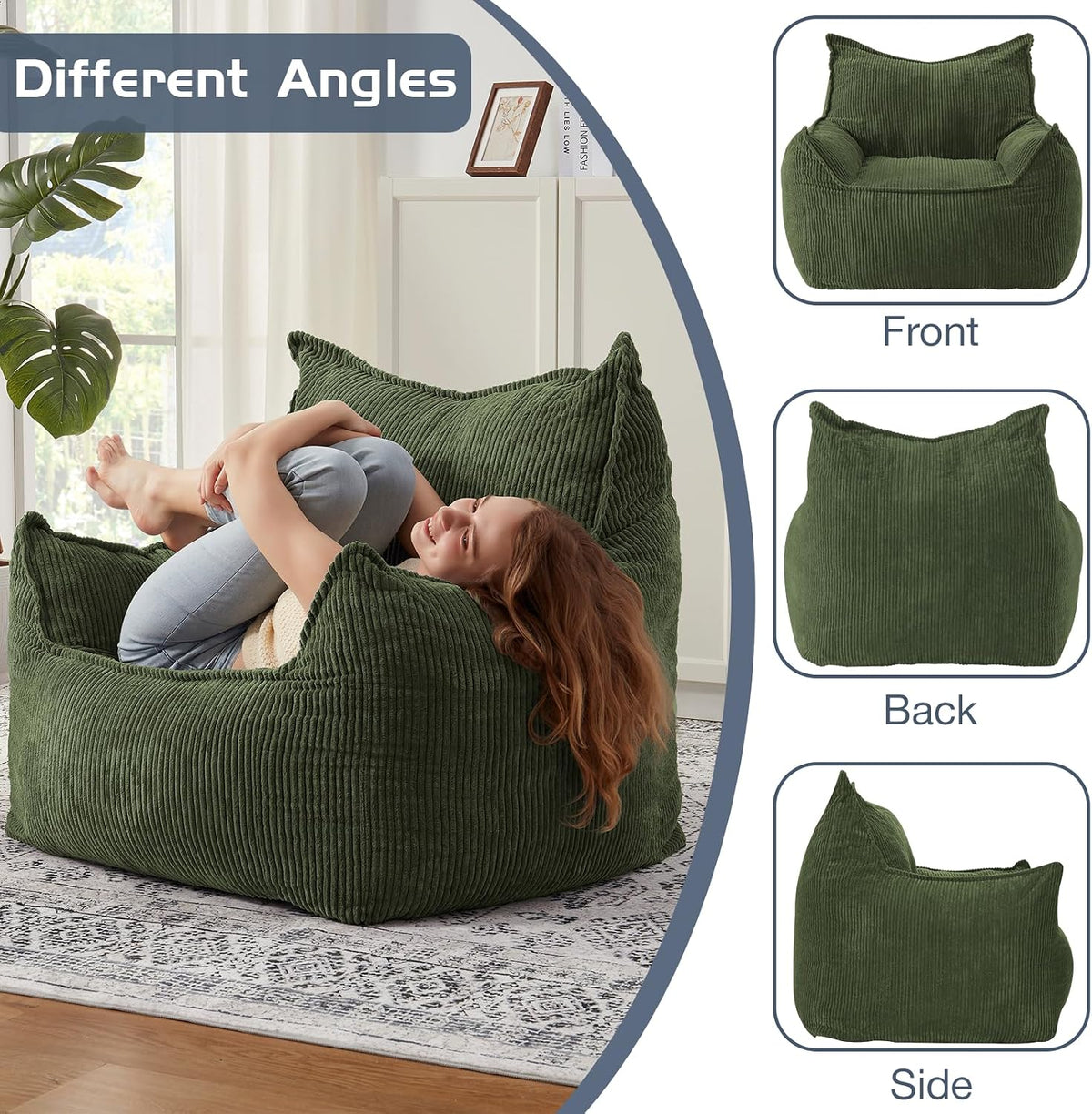 EBENCHICO Giant Bean Bag Chair for Adults, Corduroy Large Bean Bag Chairs for Teens with Armrests, Comfy Adult BeanBag Chair Sofa Couch with Filler Included for Bedroom Living Room