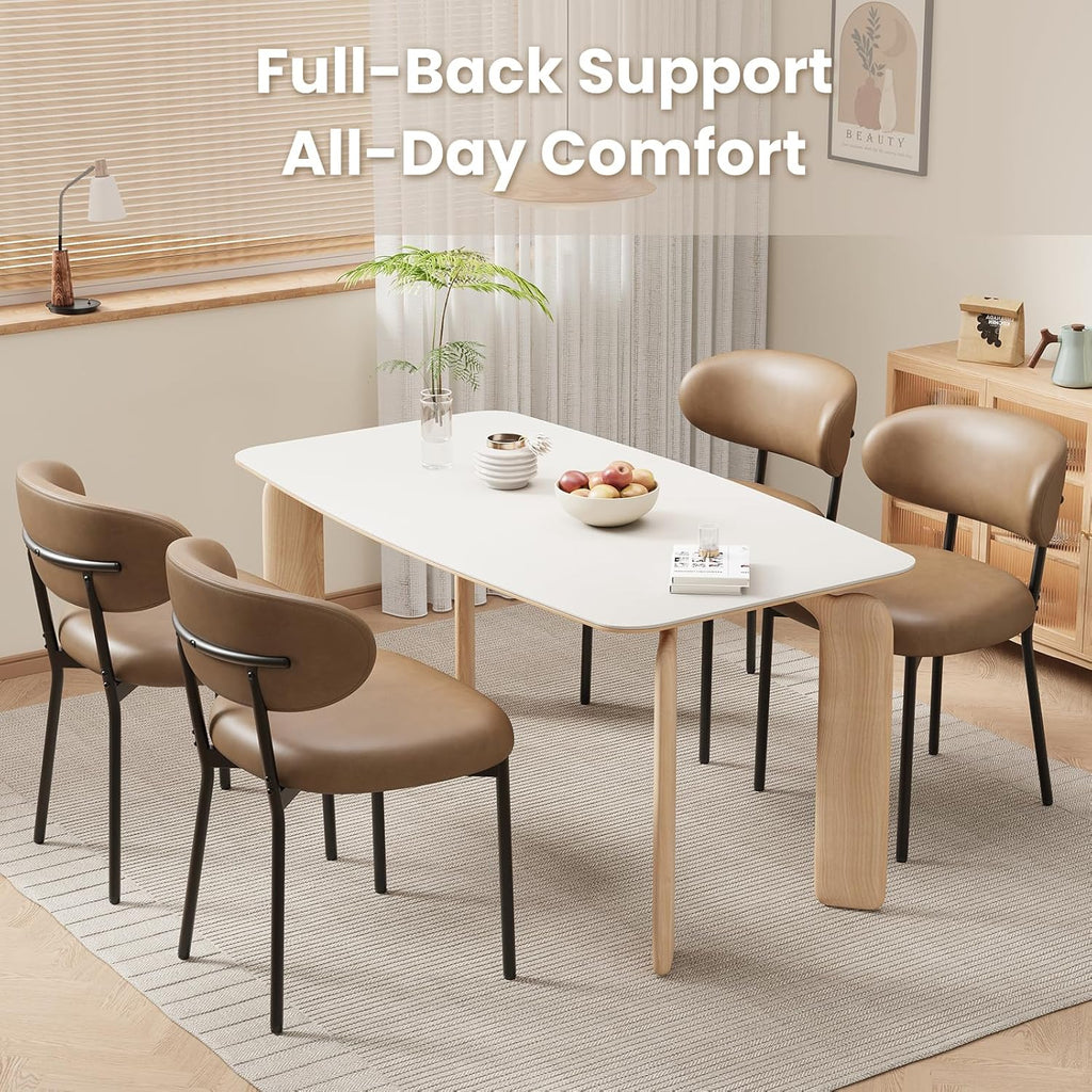 Upholstered Dining Chairs Set of 6, Modern Faux Leather Kitchen Chairs with Curved Backrest and Cushioned Seat, Sturdy Metal Legs, Modern Dining Chairs for Kitchen Dining Room, Living Room,Brown