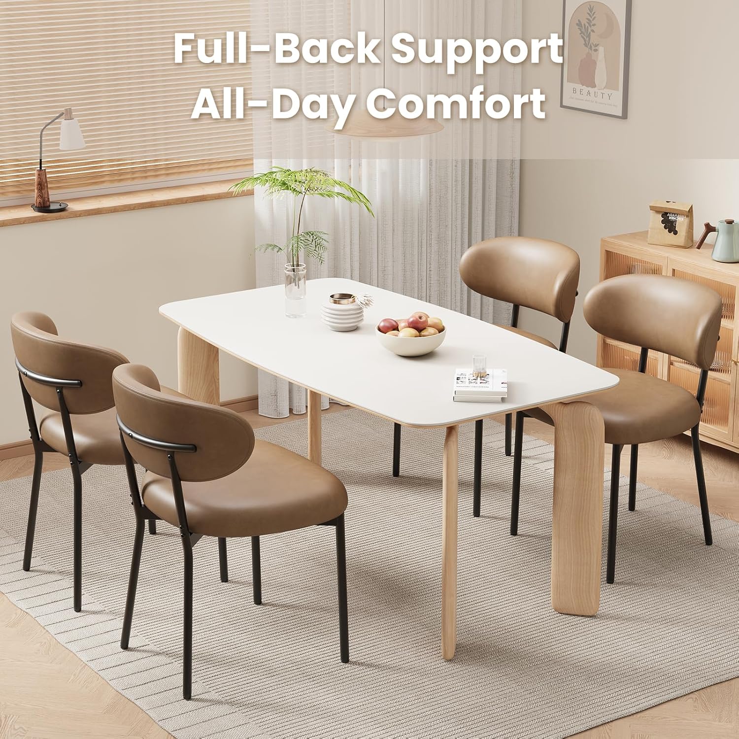 Upholstered Dining Chairs Set of 6, Modern Faux Leather Kitchen Chairs with Curved Backrest and Cushioned Seat, Sturdy Metal Legs, Modern Dining Chairs for Kitchen Dining Room, Living Room,Brown