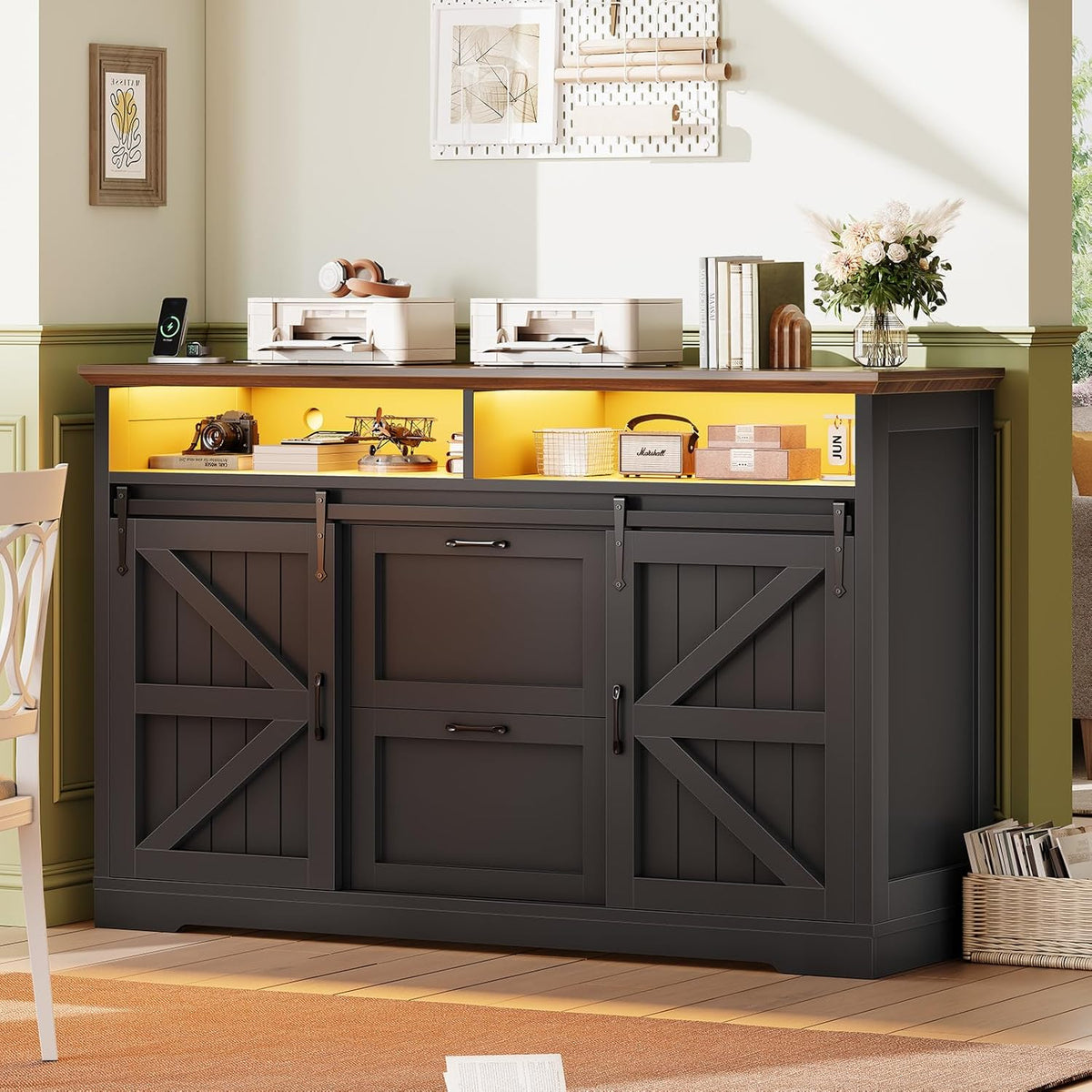 SEDETA 47.2" File Cabinet, 2 Drawers Filing Cabinets for Home Office fit Legal/Letter/A4 File, Farmhouse File Cabinet with Barn Door & Power Outlets, Printer Stand with Storage & LED Lights, Black