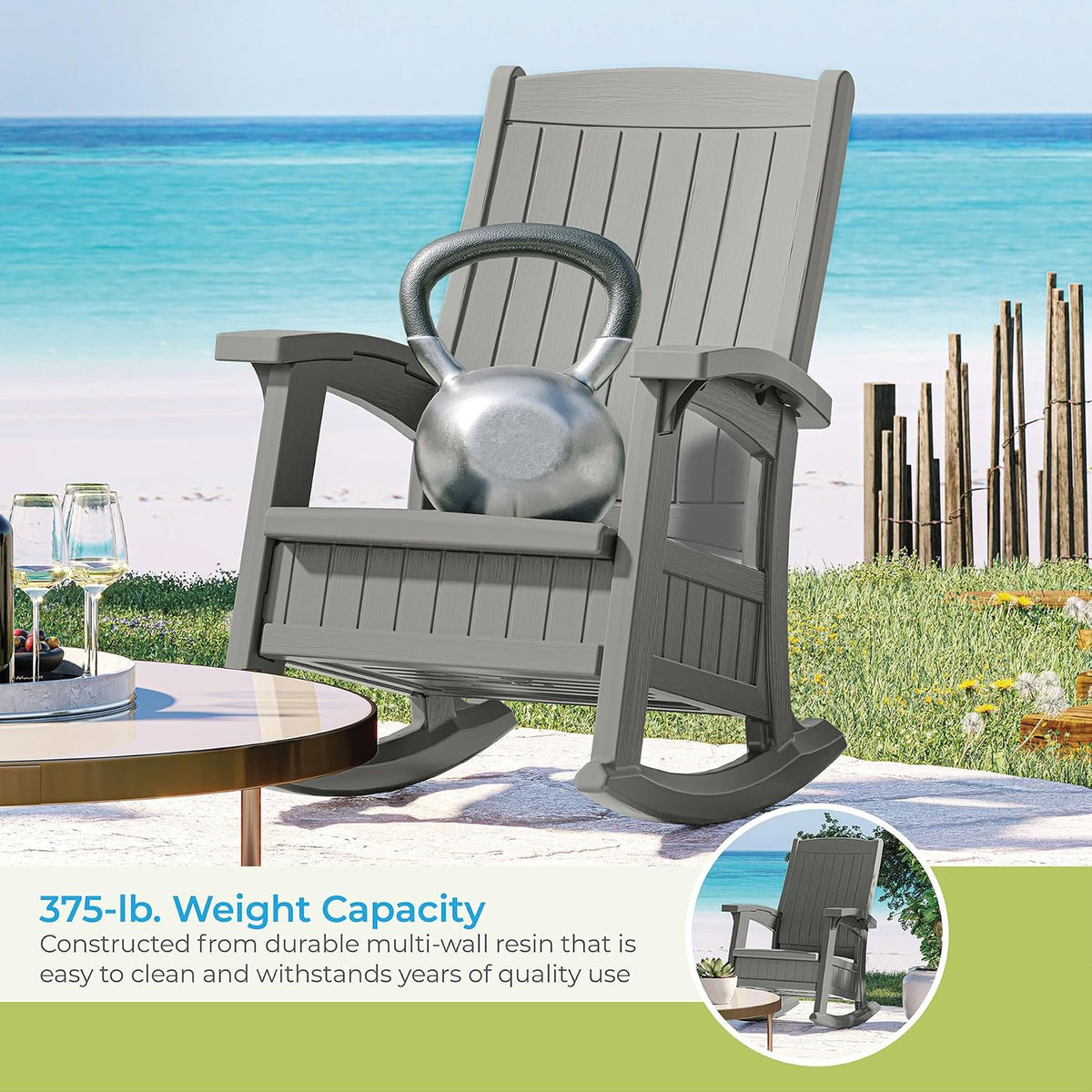Suncast Outdoor Patio Rocking Chair with Under-Seat Storage, Stylish Faux Wood Outdoor Rocker for Patios, Dove Gray, Made in the USA